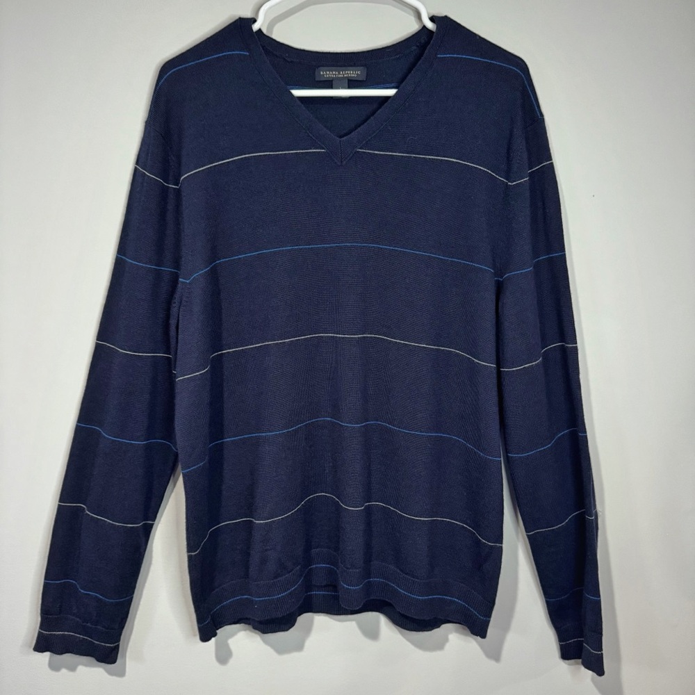 Banana Republic Mens L Navy Merino Wool Striped Sweater Preppy Classic Academia
